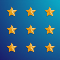 Christmas star symbol gold color with pattern and shadow set illustration isolated on blue gradient background