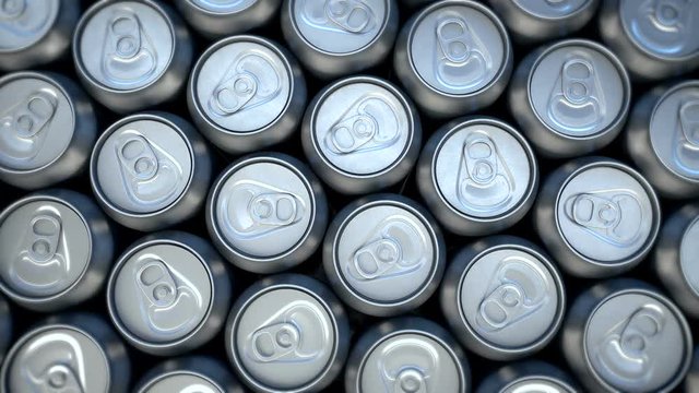 3d CGI seamless animation of camera moving over metal cans for drinks. Perfect background for beverage manufacturing and nutrition business.
