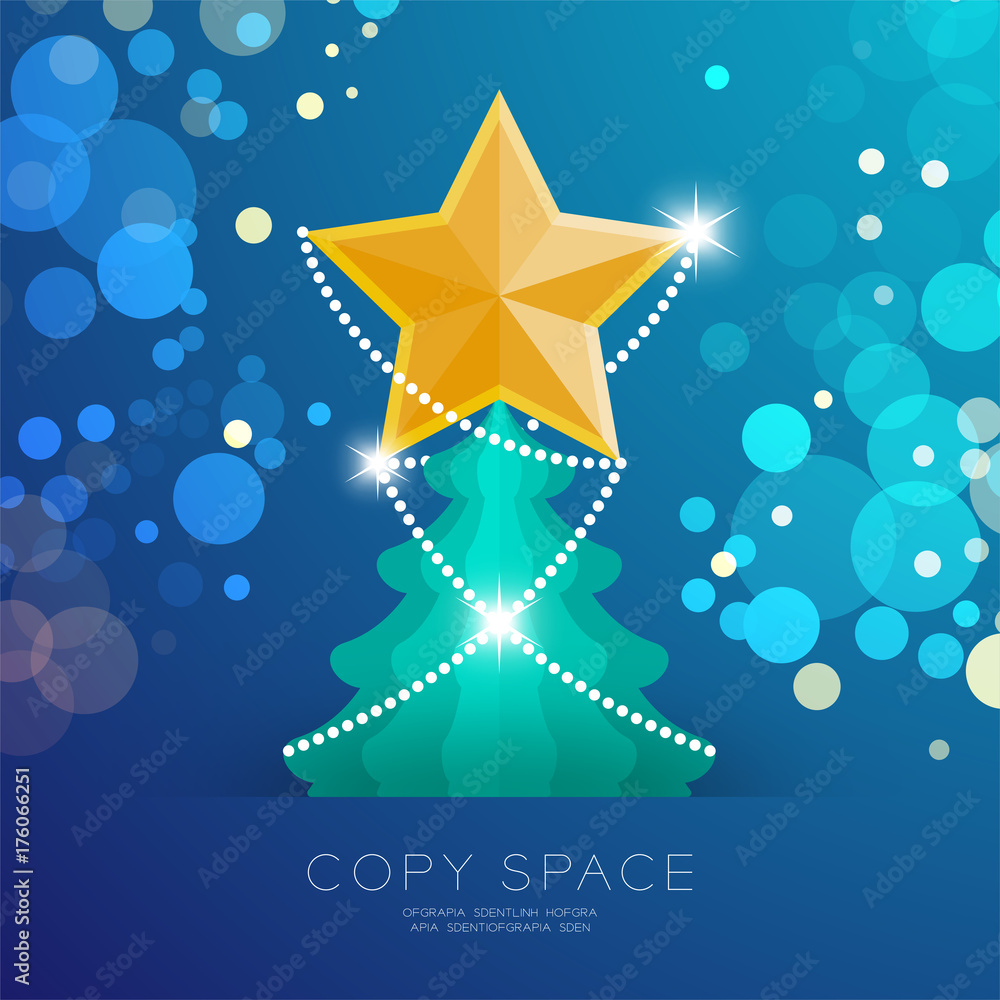 Poster golden star with pattern and christmas tree with bokeh light set illustration isolated on blue gradi