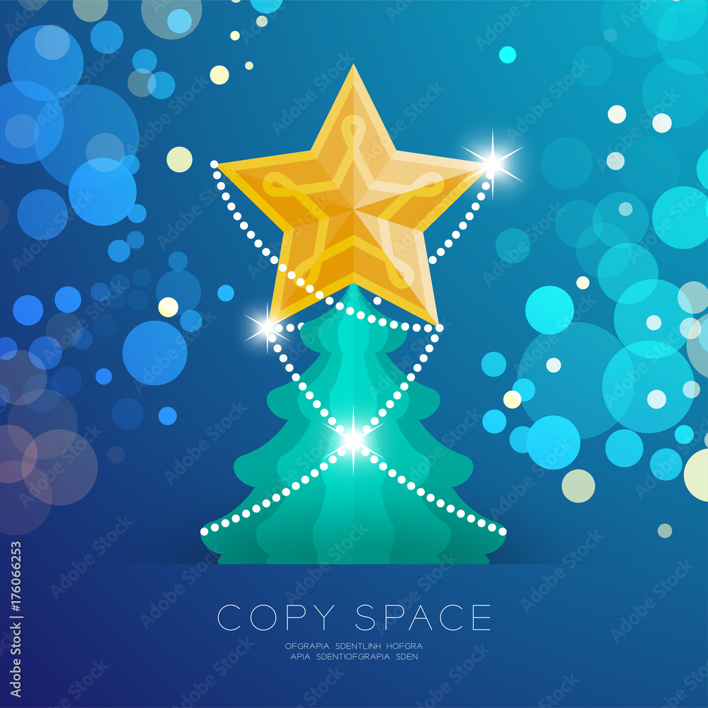 Poster golden star with pattern and christmas tree with bokeh light set illustration isolated on blue gradi