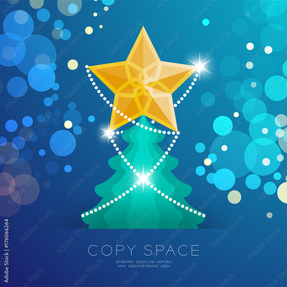Poster golden star with pattern and christmas tree with bokeh light set illustration isolated on blue gradi