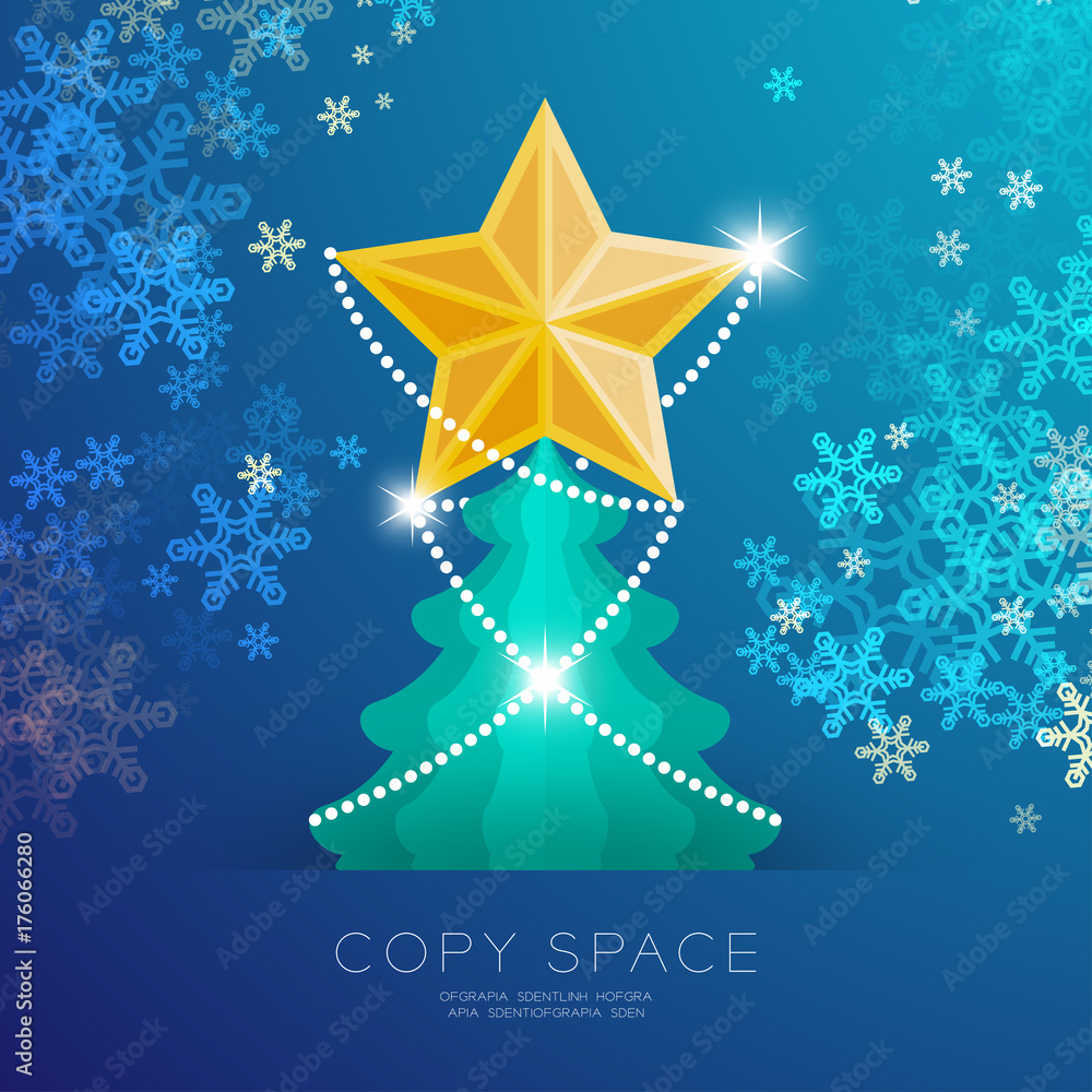 Poster golden star with pattern and christmas tree with snowflake bokeh light set illustration isolated on 