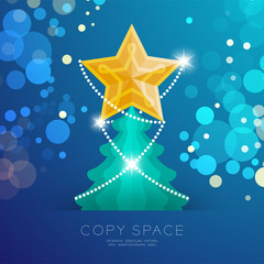 Golden Star with pattern and Christmas tree with bokeh light set illustration isolated on blue gradient background, with copy space
