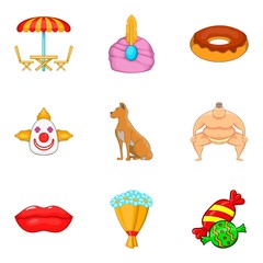 Asian circus icons set, cartoon style