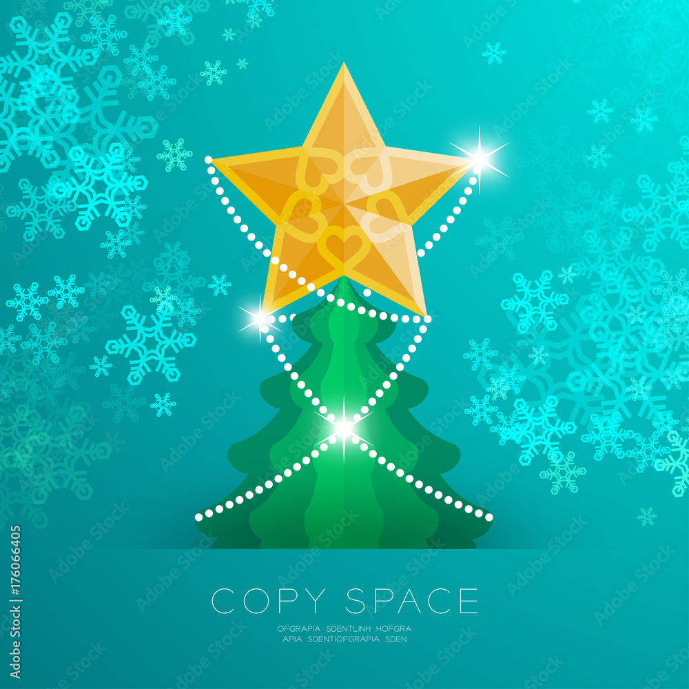 Poster golden star with pattern and christmas tree with snowflake bokeh light set illustration isolated on 