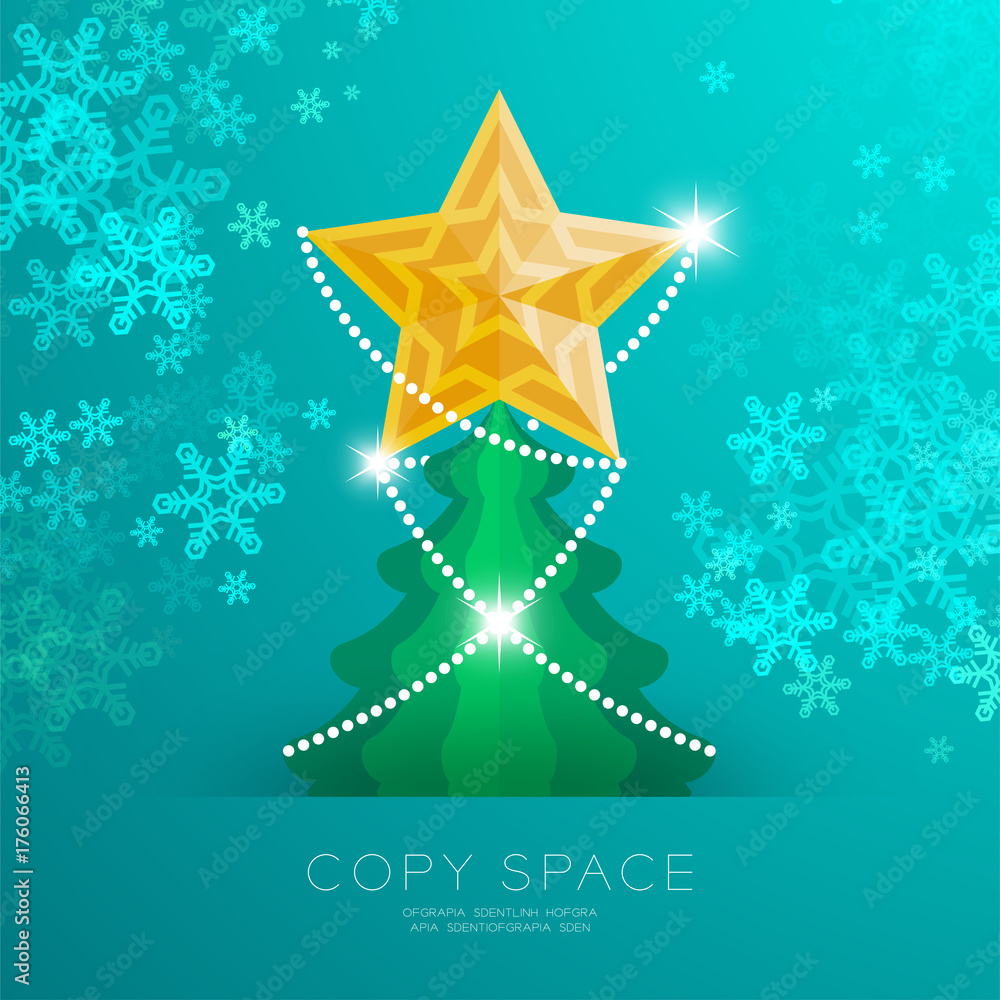 Poster golden star with pattern and christmas tree with snowflake bokeh light set illustration isolated on 