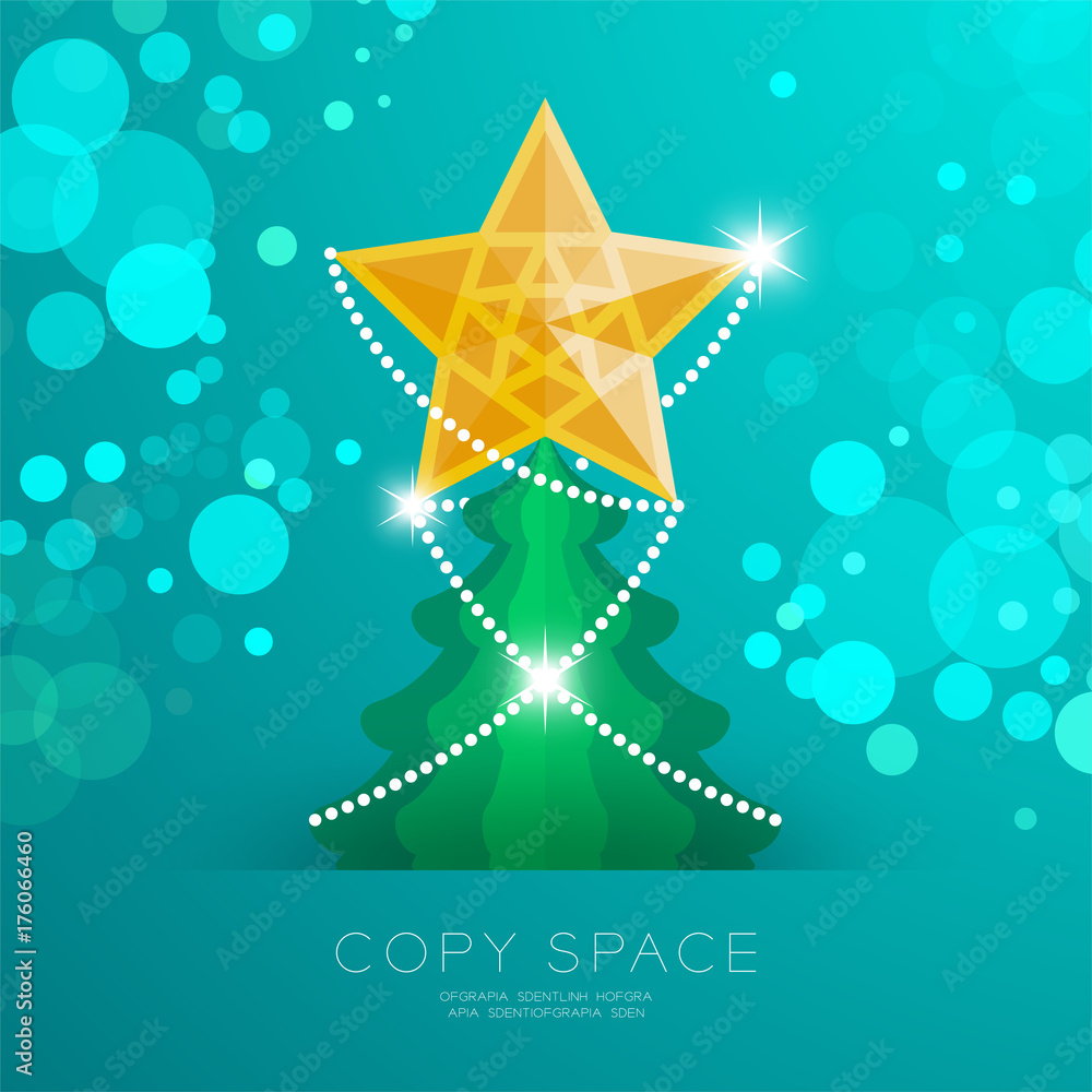 Poster golden star with pattern and christmas tree with bokeh light set illustration isolated on green grad