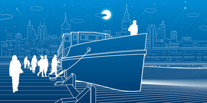 Ship at the water. People get on the boat. City life. Modern town in background. White lines transport illustration. Blue background. Vector design art