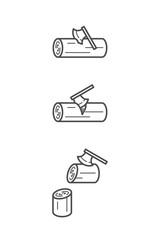 Carpenter equipment tool set step of chopping timber by axe symbol icon concept idea outline stroke design illustration black and white color isolated on white background, vector eps10