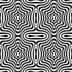 Black and white opt art seamless pattern. Abstract geometric striped pattern. Vector illustration. Wavy and striped background.