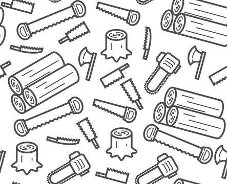 Carpenter equipment tool and stump, timber symbol icon set seamless pattern outline stroke design illustration black and white color isolated on white background, vector eps10