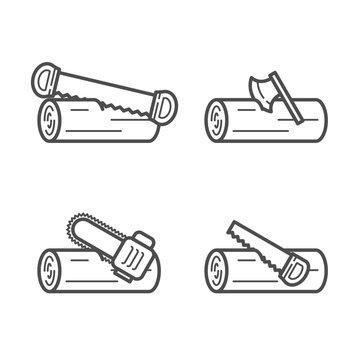 Carpenter equipment tool sawing and chopping timber symbol icon set outline stroke design illustration black and white color isolated on white background, vector eps10