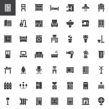 Home interiors furniture vector icons set, modern solid symbol collection, filled pictogram pack. Signs, logo illustration. Set includes icons as bookcase, chair, chest of drawers, armchair, tv