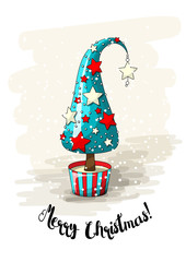 Seasonal motive, abstract christmas tree with stars, pearls and text Merry Christmas, vector illustration