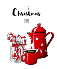 Red vintage coffee pot with cup an glass jar with candy canes on white background, with text It's Christmas time, illustration in country style