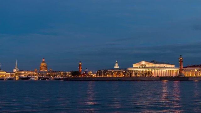 View of the Spit of the Vasilievsky Island, Rostral Columns, the Exchange Building and the Dvortsovy Bridge
