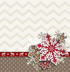 abstract christmas background with decorative snowflakes and chevron pattern, illustration