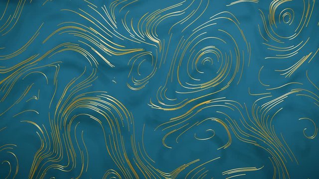 CGI abstract background of golden spirals and waves flowing over blue background