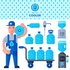 Water delivery service man character in uniform and different water bottle vector elements.