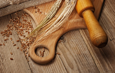 rye bread, and corn on a wooden table