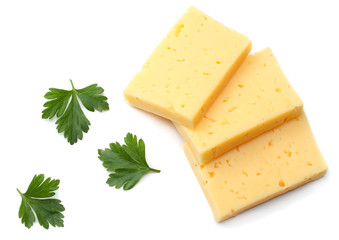 piece of cheese with parsley isolated on white background
