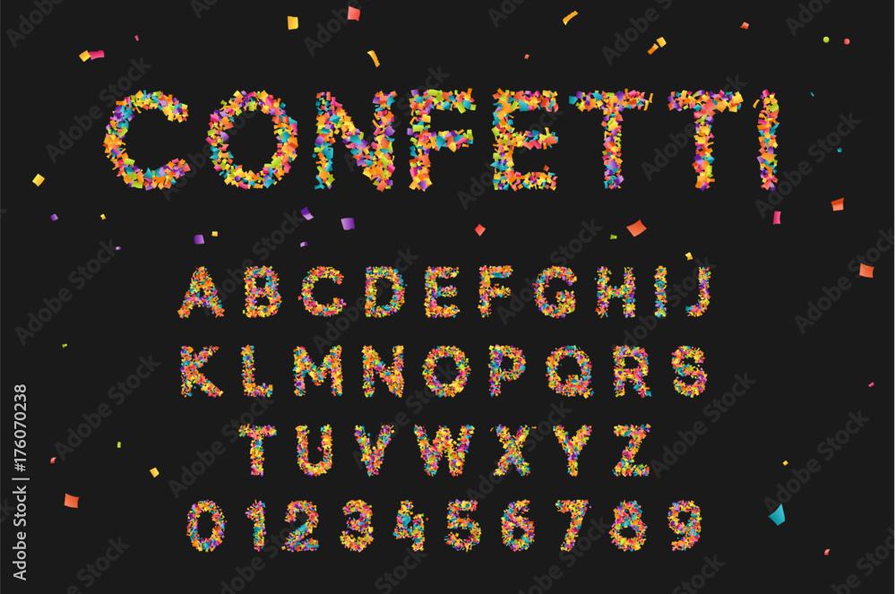 Aufkleber font set with letters from multi-colored paper confetti.