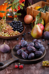 Still-life from autumn fruits on dark background. Grapes, melon, plums, pears, apples, figs, pumpkin.