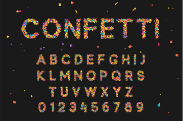 Font set with letters from multi-colored paper confetti. - obrazy, fototapety, plakaty