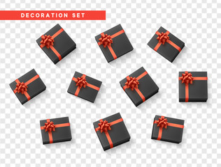 Set gift box black, with red ribbon and bow. Realistic isolated different gift boxes. Flat lay, top view