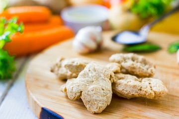 Soybean meat, made from soy beans for vegetarian dieting.