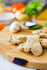 Soybean meat, made from soy beans for vegetarian dieting.
