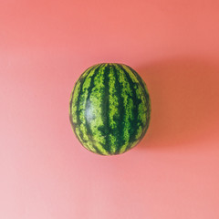 a raw striped round watermelon on a pink background. minimal flat lay food.