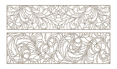 Set contour illustrations of stained glass with abstract swirls and flowers , horizontal orientation