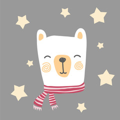 stylized colored hand drawn Illustration of cute bear head. winter background design for kids print clothing textile cards and other