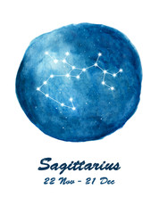 Sagittarius constellation icon of zodiac sign Sagittarius in cosmic stars space. Blue starry night sky inside circle background. Galaxy space design for horoscope icon, cards, posters, fortune telling