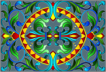 Illustration in stained glass style with abstract  swirls,flowers and leaves  on a grey background,horizontal orientation