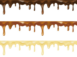 Realistic vector set of melted dark, white and milk sweet chocolate dripping seamless. Vector design for desserts or cafeteria and patisserie cakes and cookies.