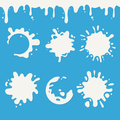 Vector white milk or yoghurt blots and splash set, dripping liquid drips seamless. Vector design for desserts or cafeteria, patisserie cakes, packaging and advertising.