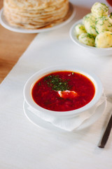 Beautiful ukranian borscht at cafe or restaurant.