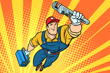 Worker plumber superhero flying - obrazy, fototapety, plakaty