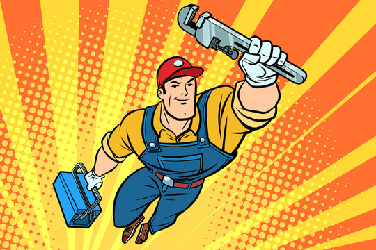 Worker plumber superhero flying