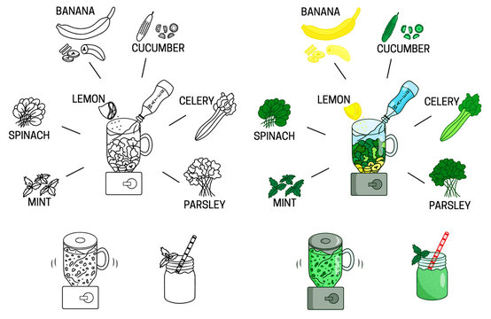 Recipe detox smoothies green vegetables drink DIY instruction including sketch