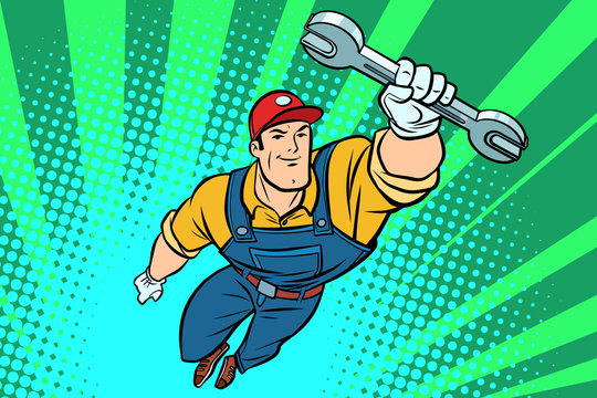 Male repairman with a wrench flying superhero