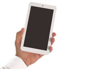 Business man holding and using a white tablet. Empty copy space for Editor's text.