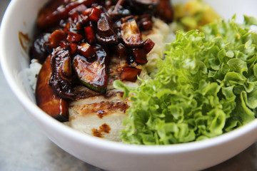 Clean food , breast chicken teriyaki with avocado