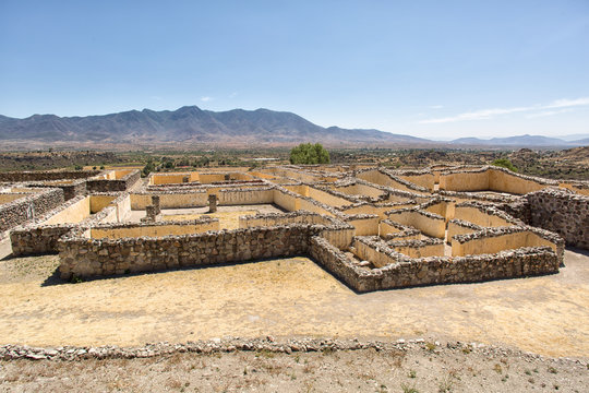 a labyrinthine structure forming an intricate complex of passageways and many rooms at the ruins of Yagul Oaxaca Mexico