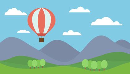 Cartoon view mountain landscape with a red hot air balloon flying in the hills with trees under a blue sky with clouds