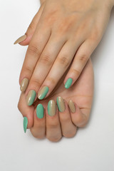 Beige, minty, green ombre manicure on long oval nails