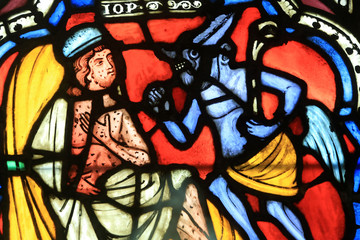 Gothic stained glass window. Musée de l'Oeuvre Notre-Dame de Strasbourg. Oeuvre Notre-Dame de Strasbourg Museum.