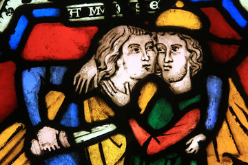 Gothic stained glass window. Mus&eacute;e de l'Oeuvre Notre-Dame de Strasbourg. Oeuvre Notre-Dame de Strasbourg Museum.